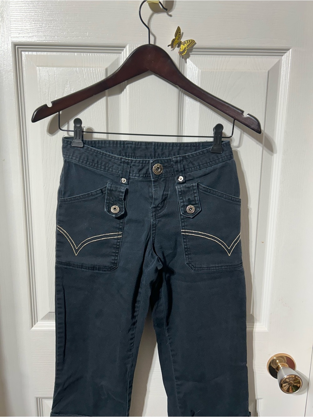 Y2K Women's Navy Blue Capris with Decorative Stitching